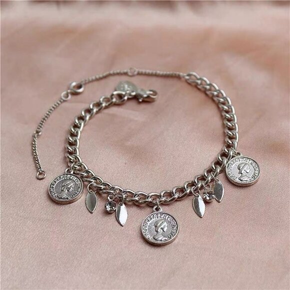 Jewelry - Distressed Silver Bracelet Head Coin Simple Bracelet